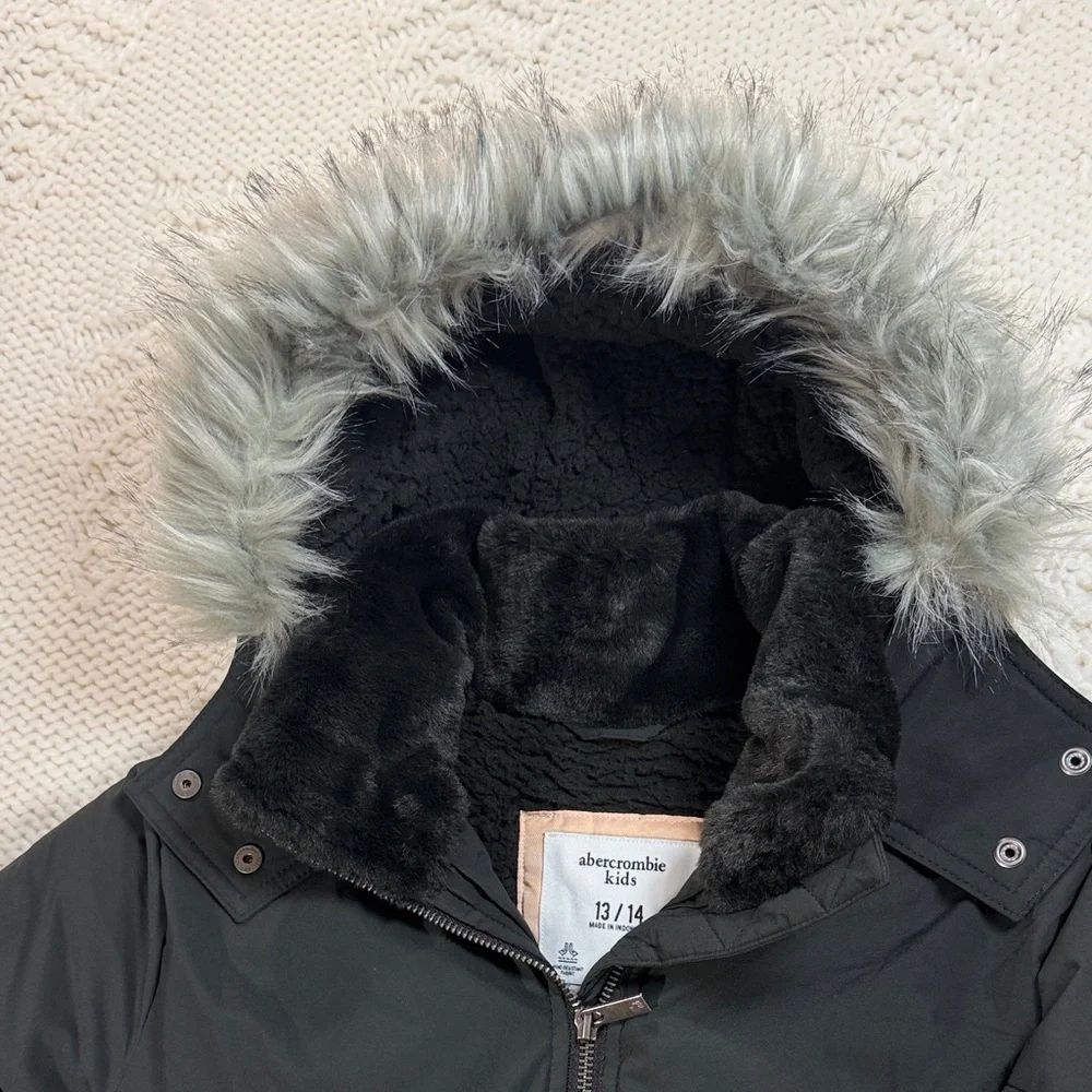 Abercrombie Kids Black Puffer Jacket with Removable Faux Fur Hood 13/14 - Picture 10 of 11